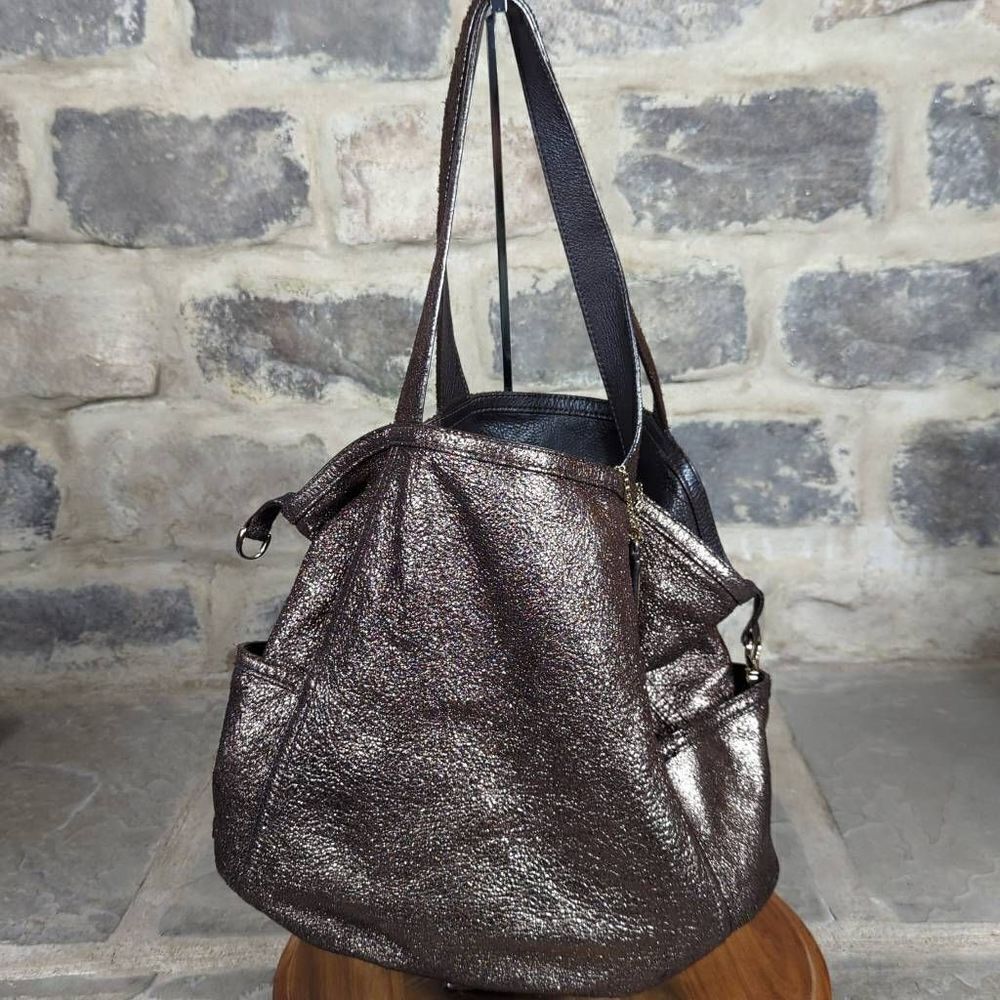 Cole haan Leather Bucket Purse Reversible Brown Gold Two Handles Shoulder Bag